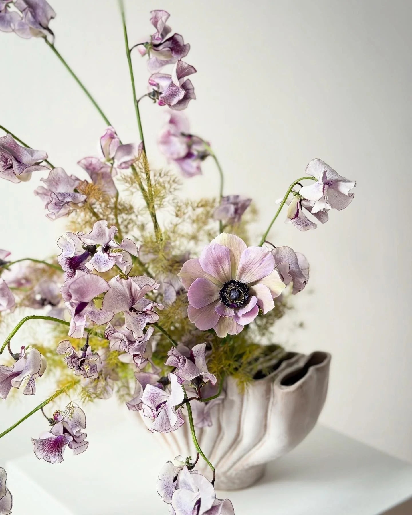 Vase with purple flowers on a white background