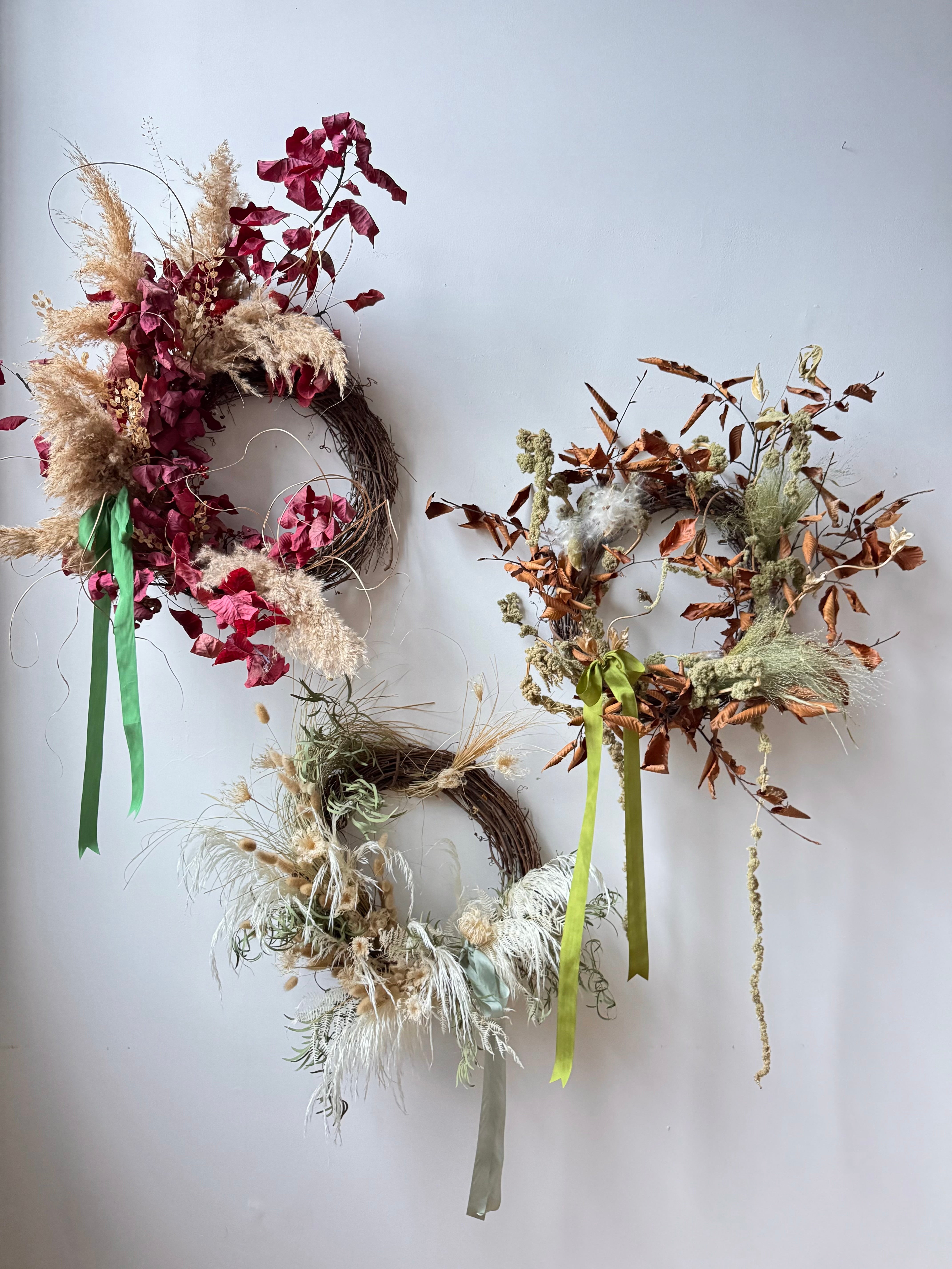 Handcrafted Floral Wreaths with Dried Flowers & Silk Ribbon