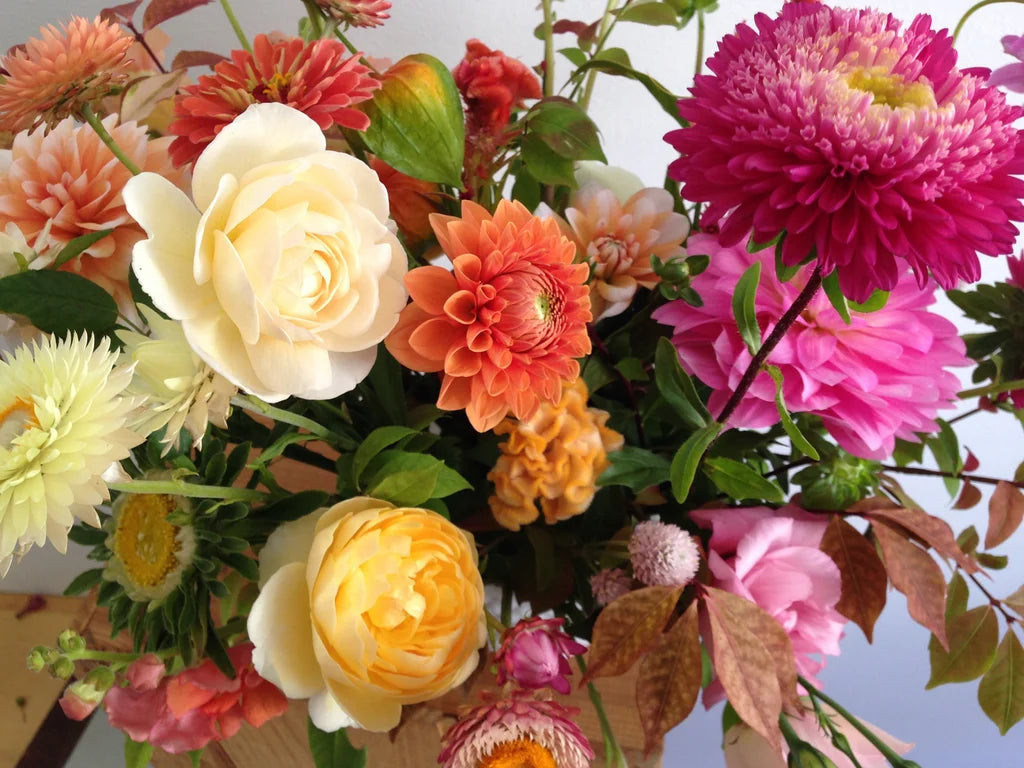 Bouquet of colorful flowers including roses and dahlias with a blurred background