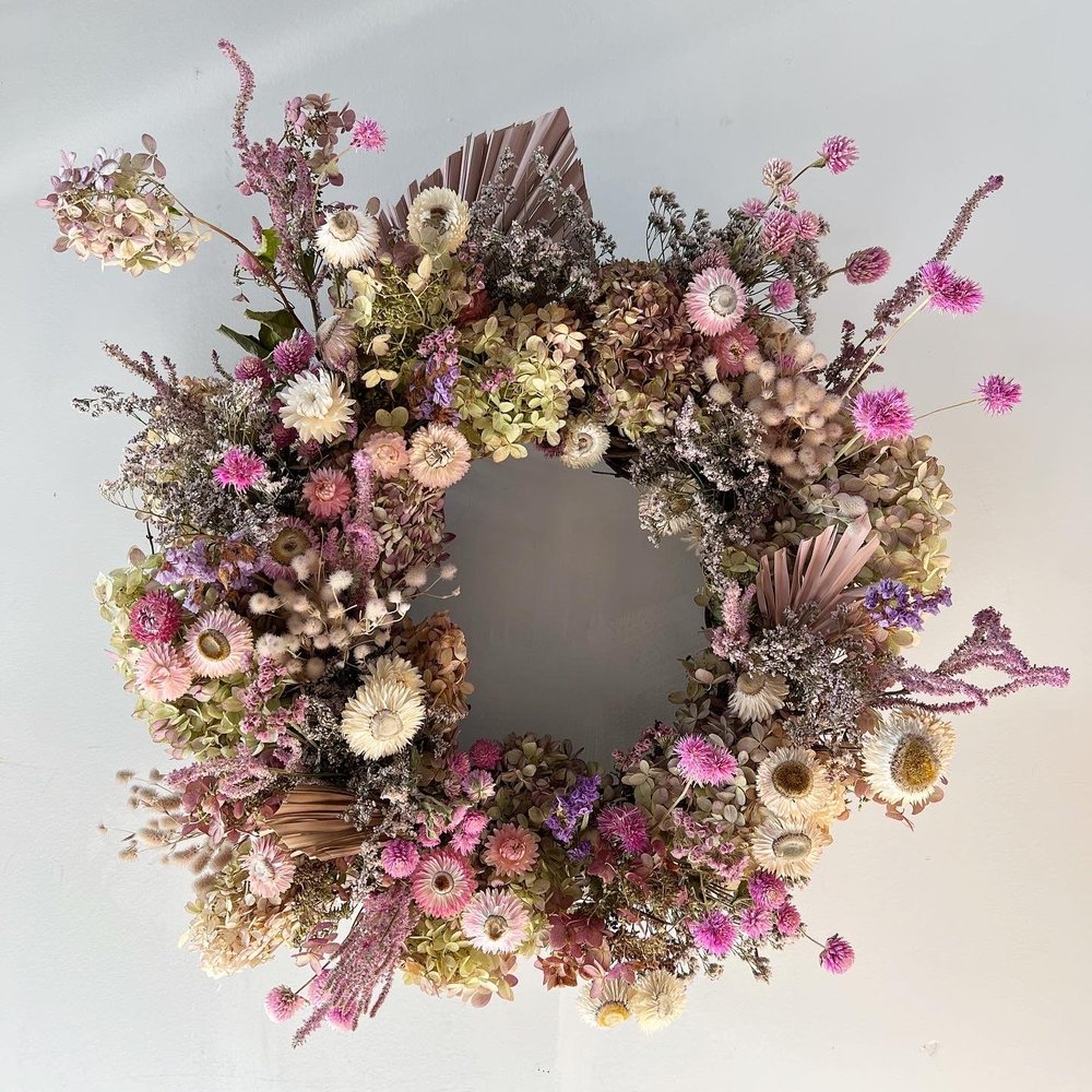 Floral wreath with a neutral background