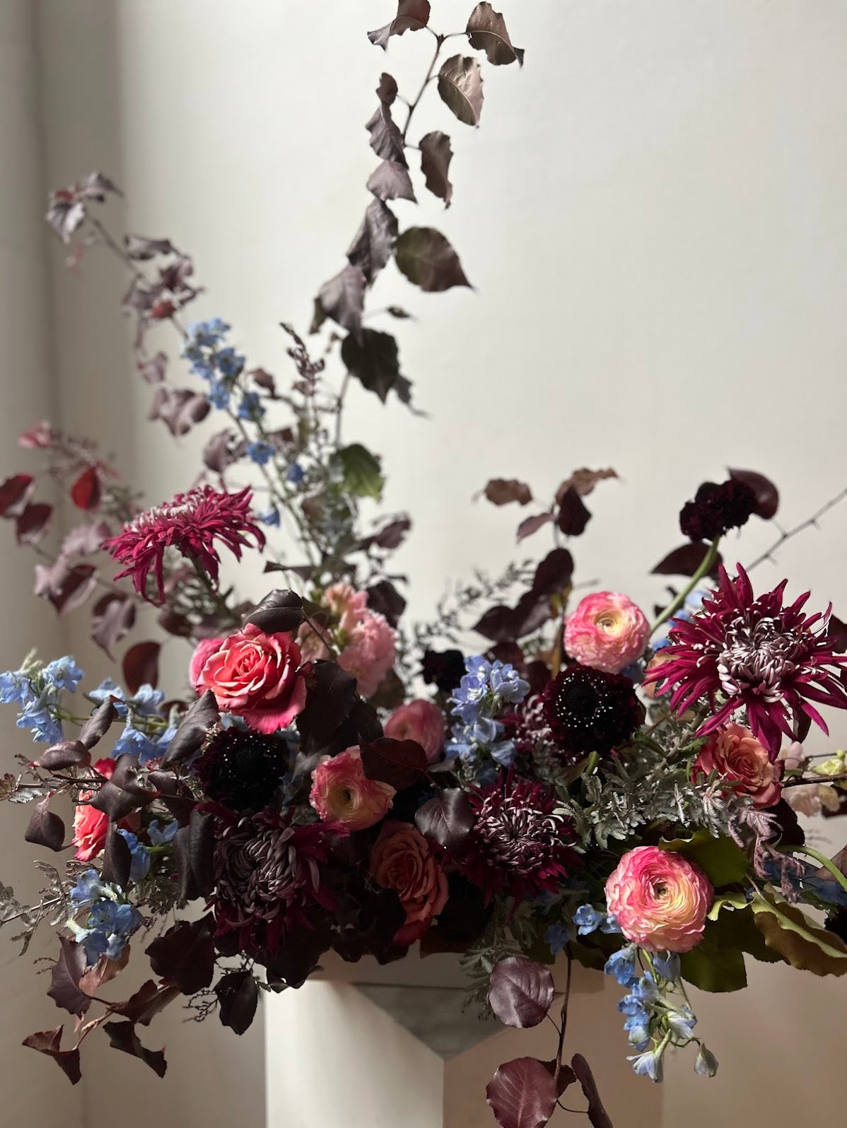 Bouquet of flowers with a mix of burgundy, pink, and blue colors against a neutral background