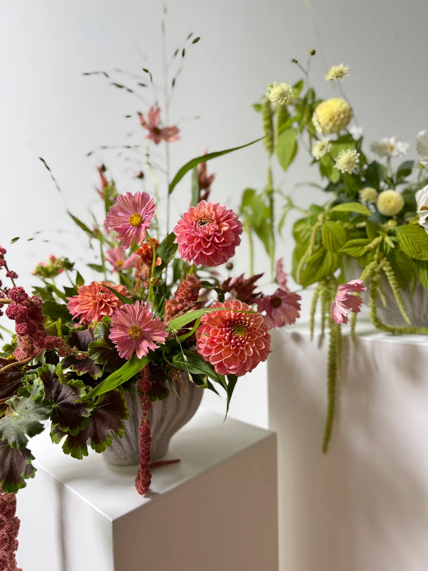 Three flower arrangements on a white surface with a light background