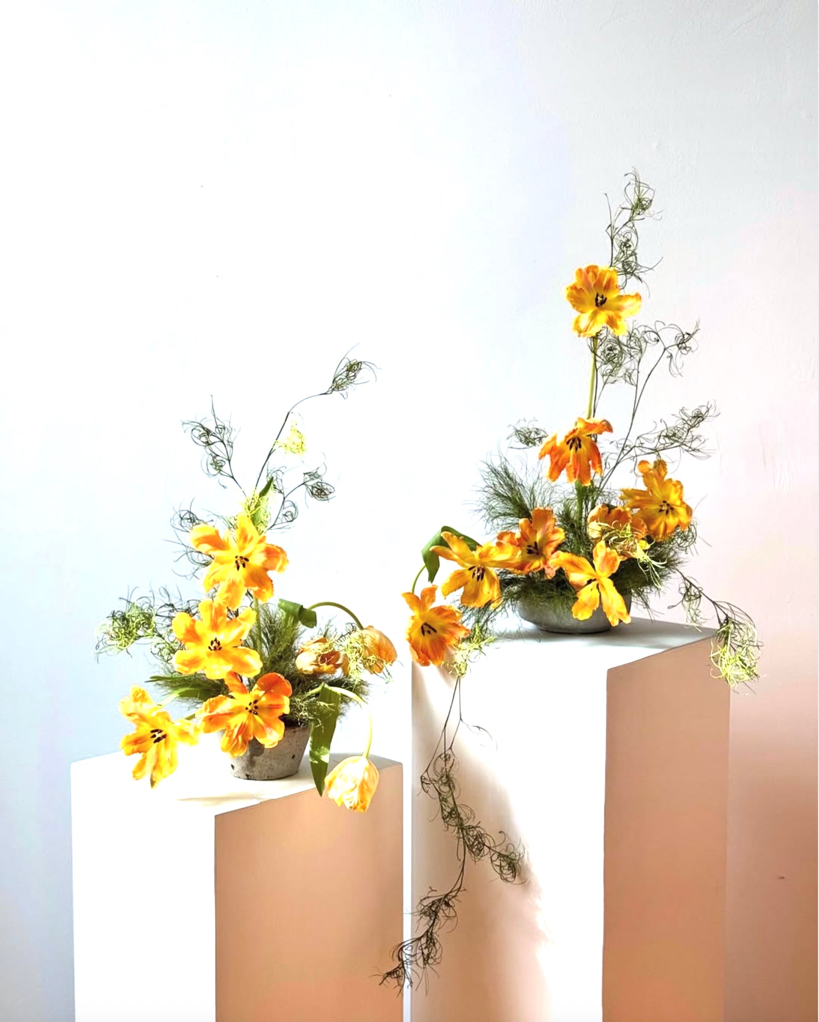 Two floral arrangements with yellow flowers on white pedestals against a light background