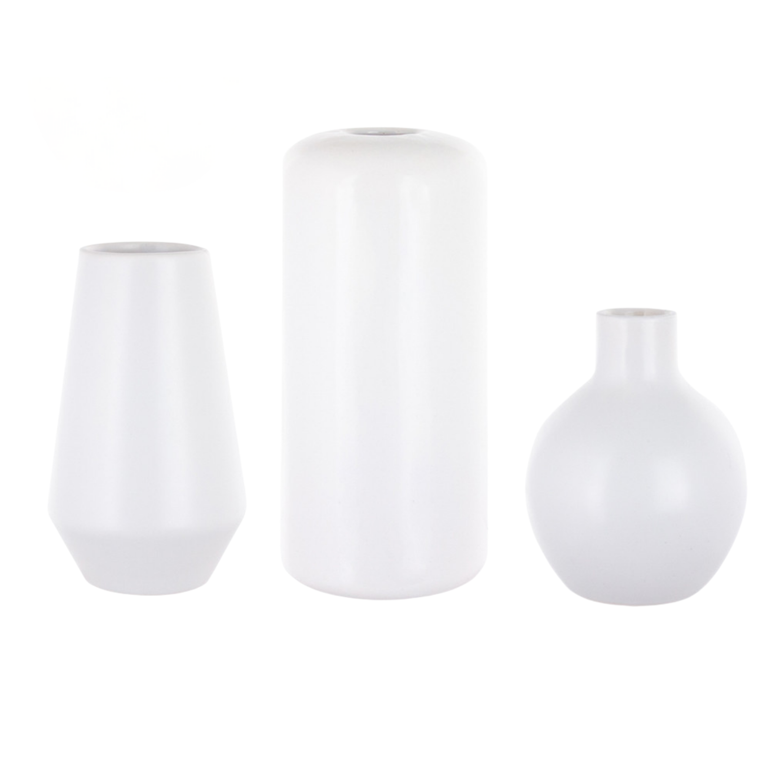 Three white bud vases of different shapes on a white background