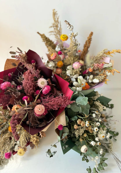Bouquet of dried flowers with a mix of colors on a white background