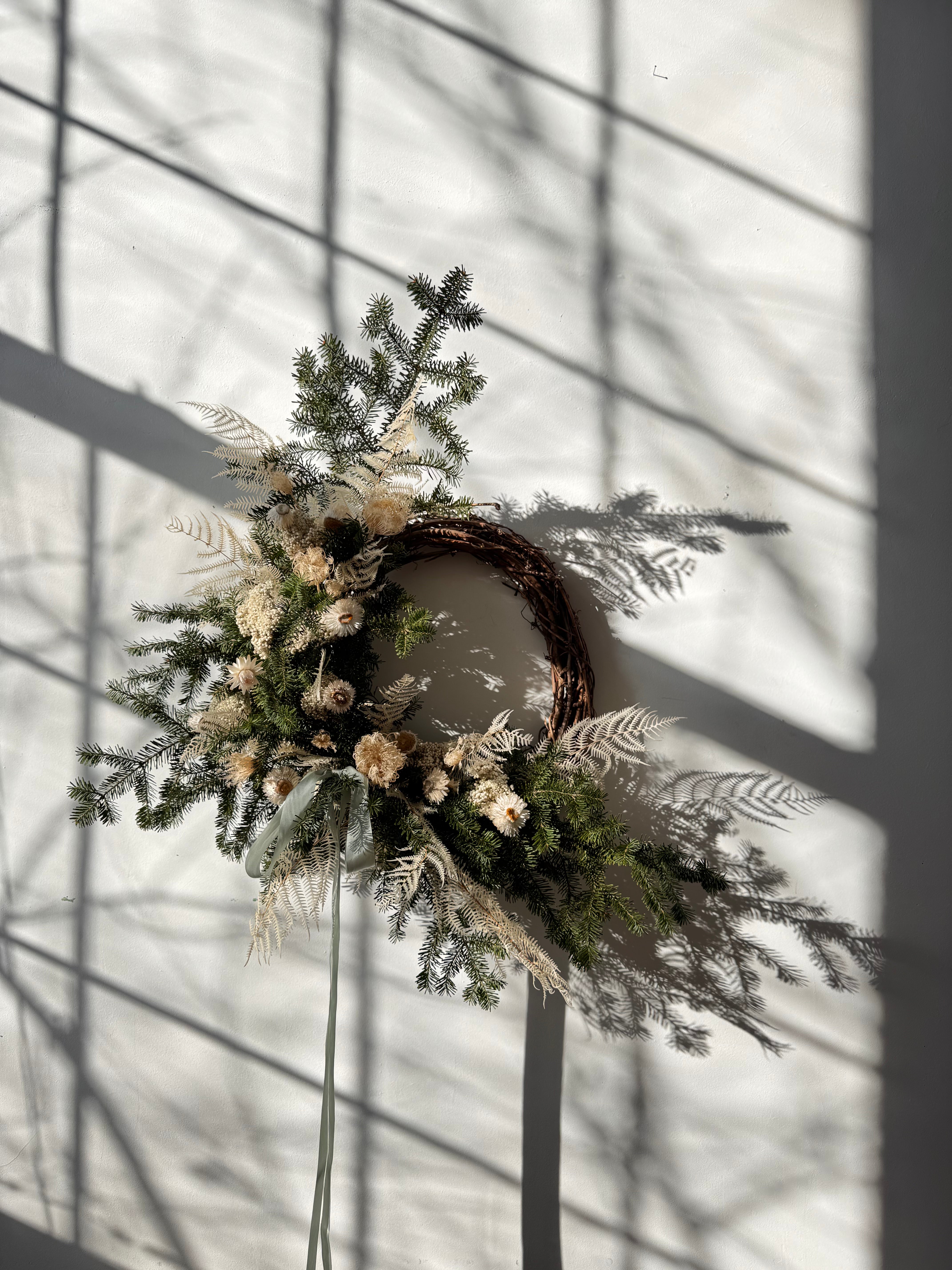 Evergreen Wreath with Dried Flowers and Silk Ribbons