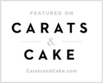 Text 'FEATURED ON CARATS & CAKE' with website 'CaratsandCake.com' displayed on a white background