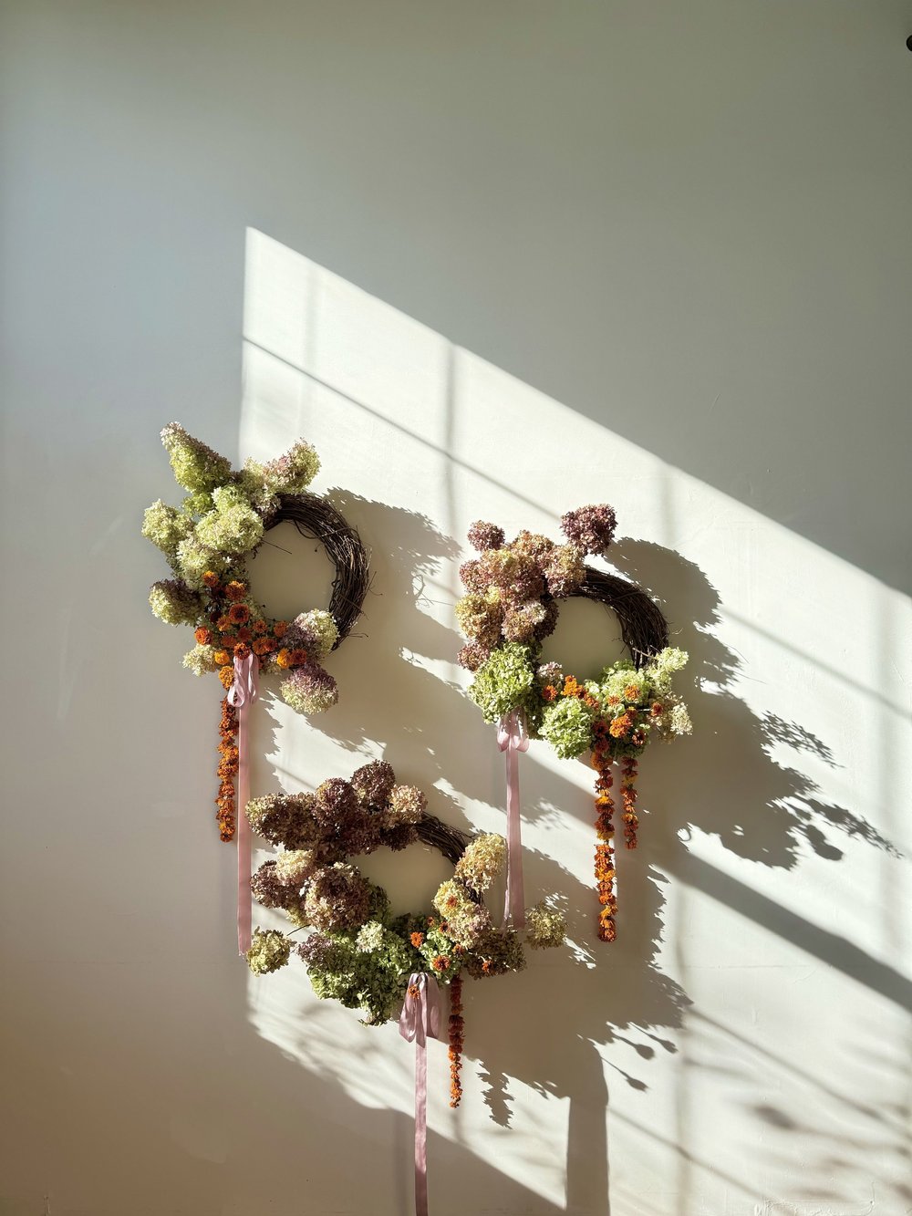 Three decorative wreaths hanging on a white wall with sunlight casting shadows.