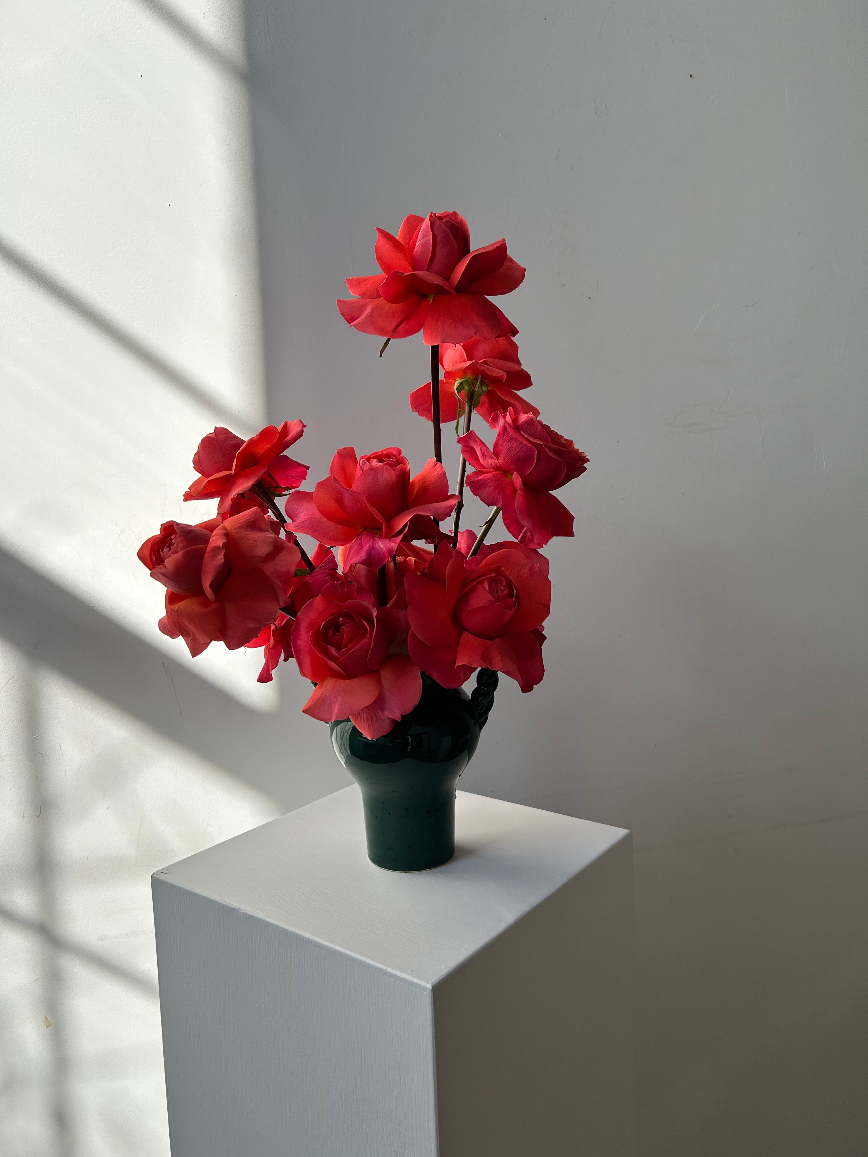 Red roses in a green vase against a white wall