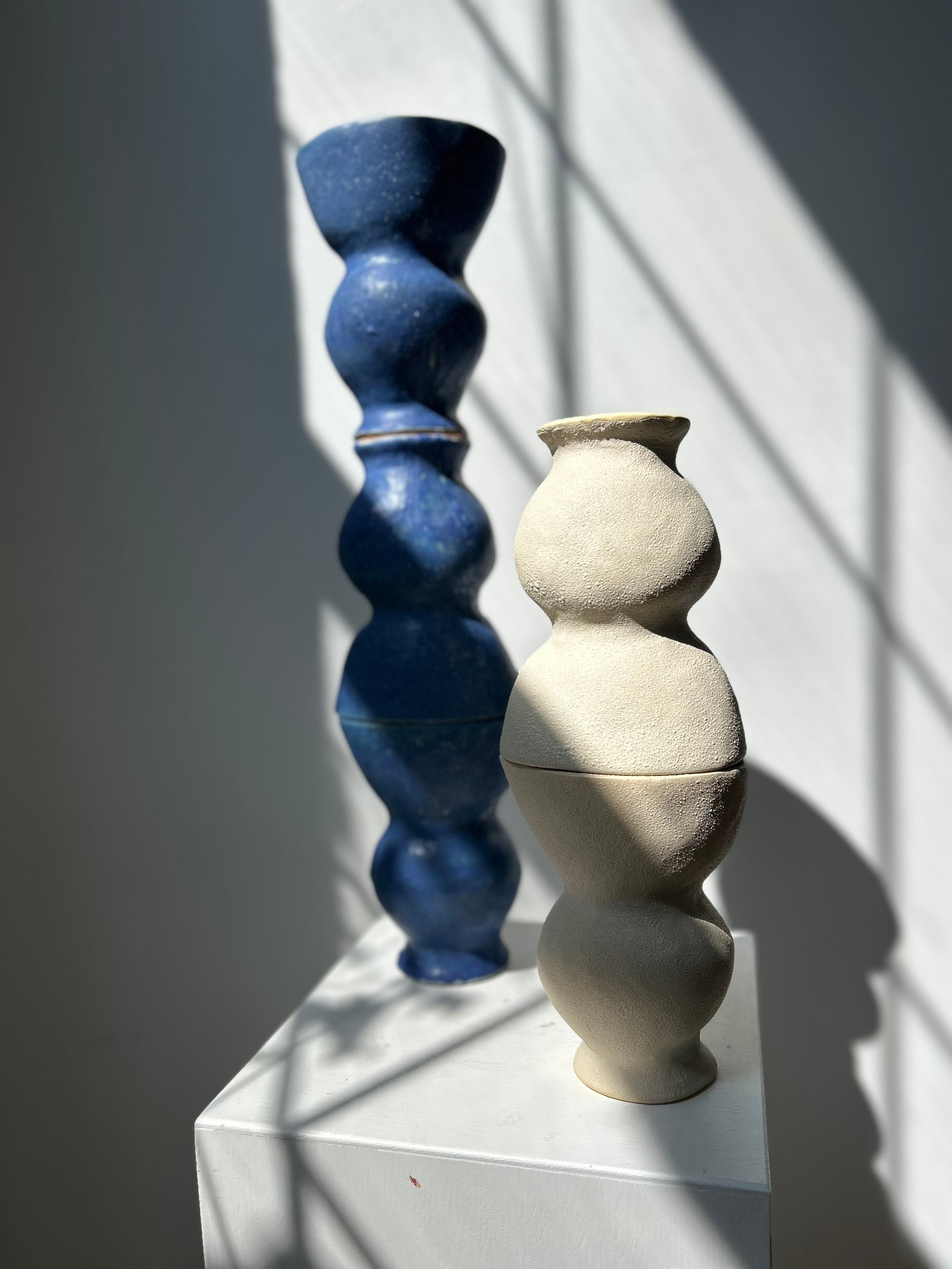 Two ceramic vases, one blue and one beige, on a white surface with a light gray background.