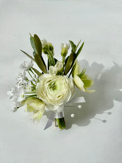 Pin on corsage featuring ranunculus, allium, and hellebore for maine weddings