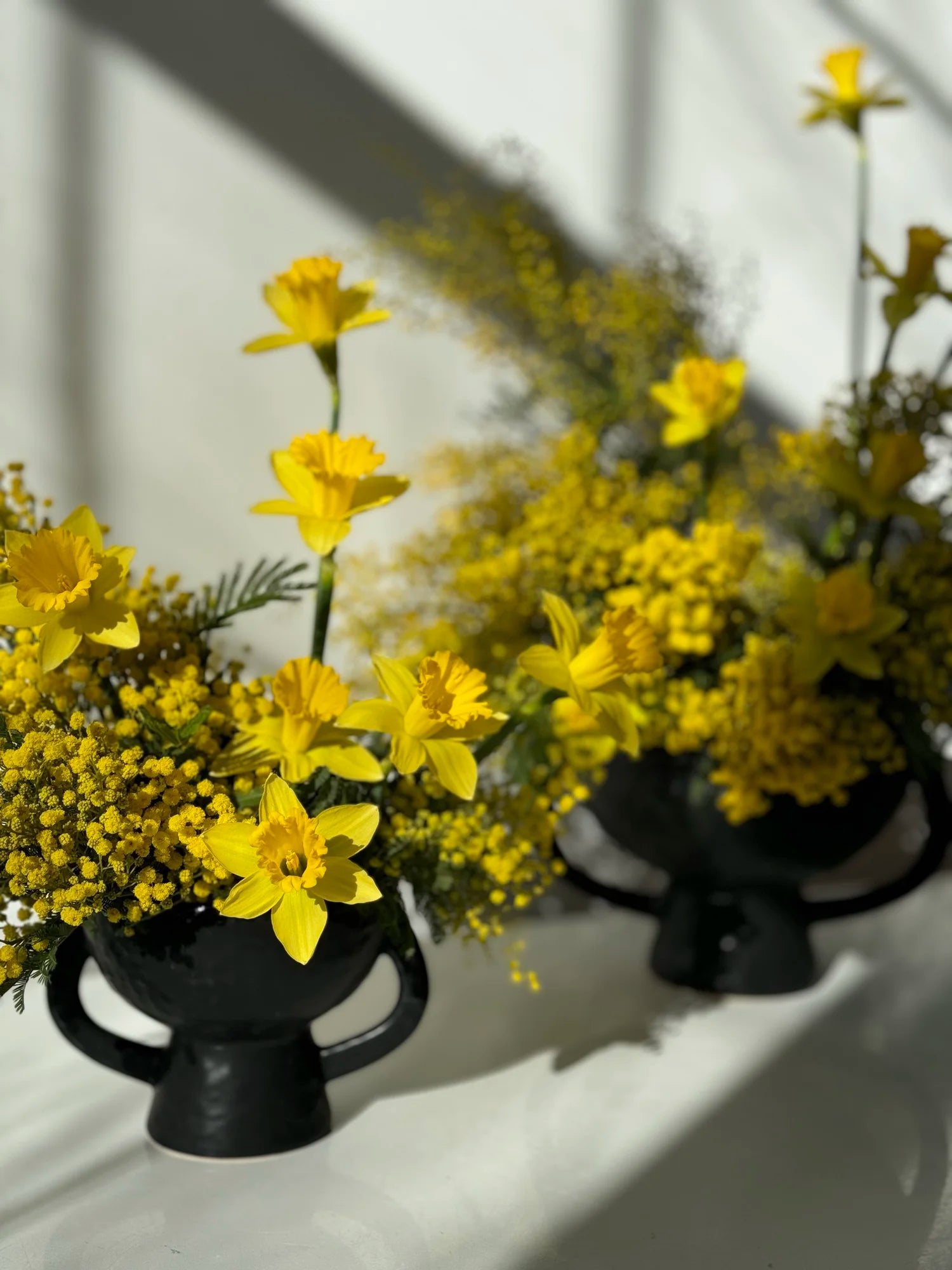 Yellow flowers in black vases on a white surface