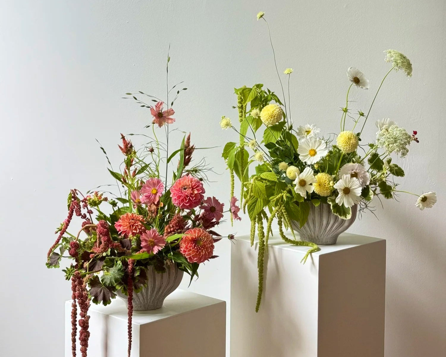 Two flower arrangements on white pedestals against a light gray background