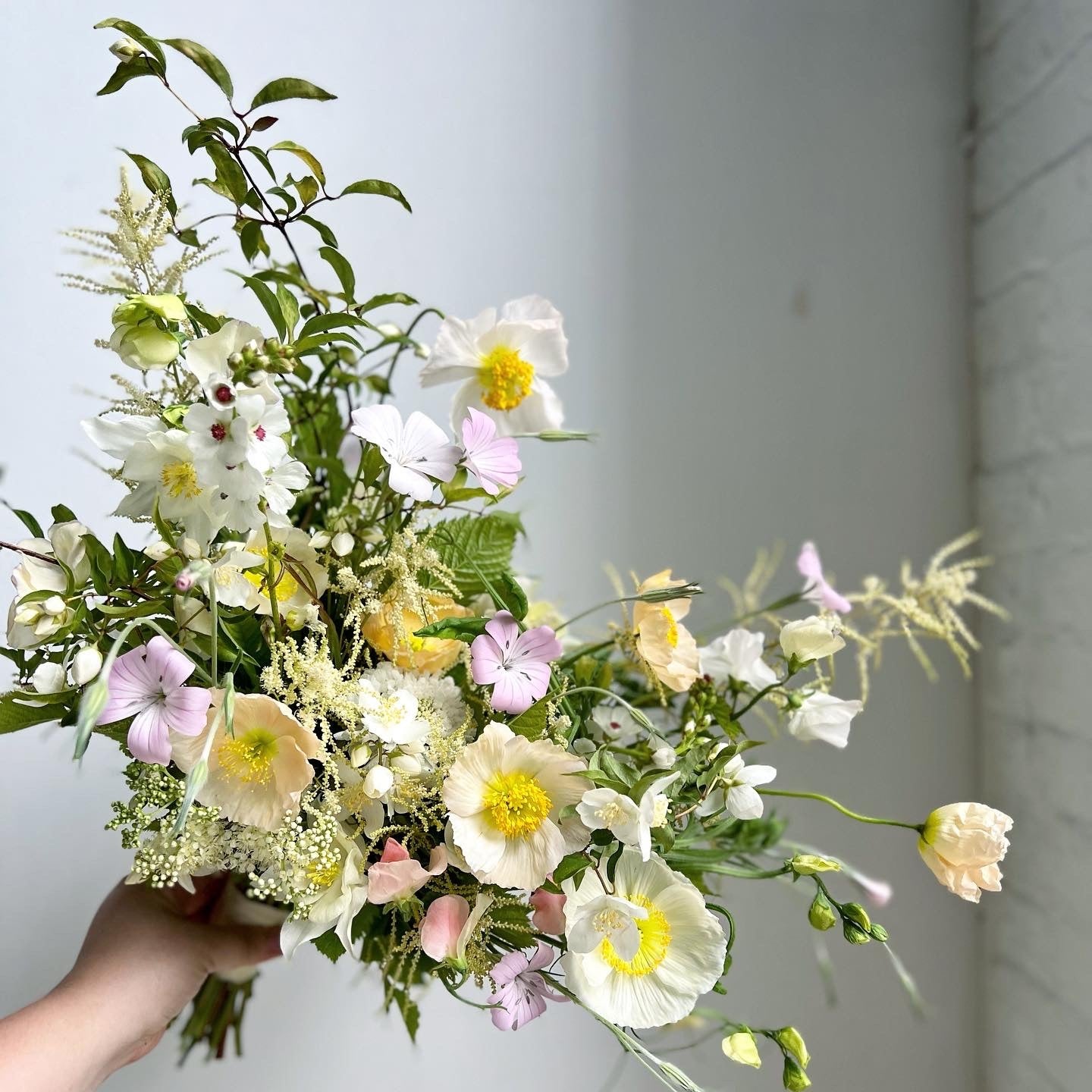 Bouquet of flowers held by a hand against a light gray background