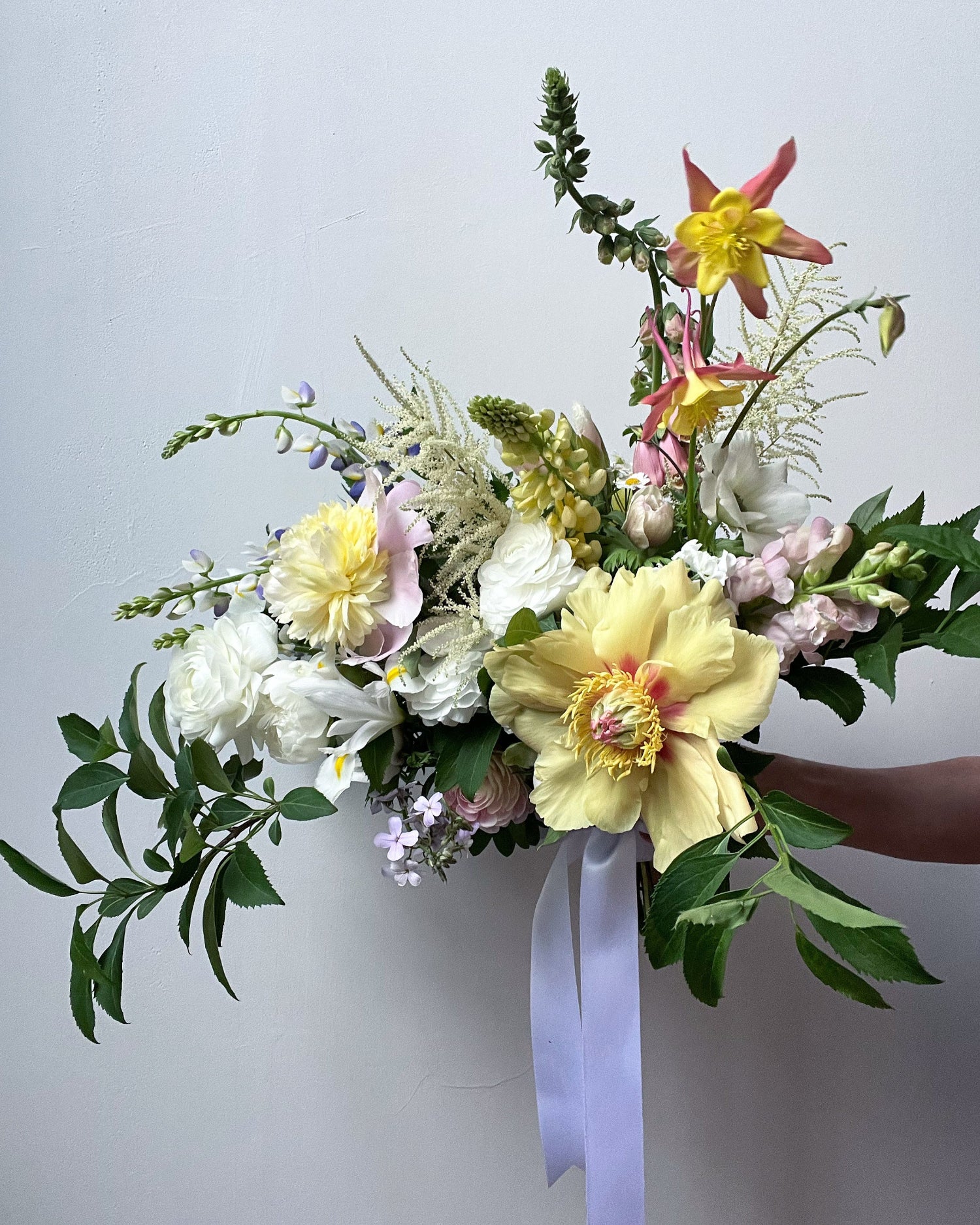 Bouquet of flowers with a white ribbon against a light gray background