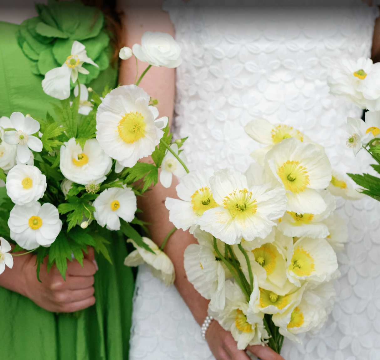 Two people holding bouquets of white flowers with green leaves.