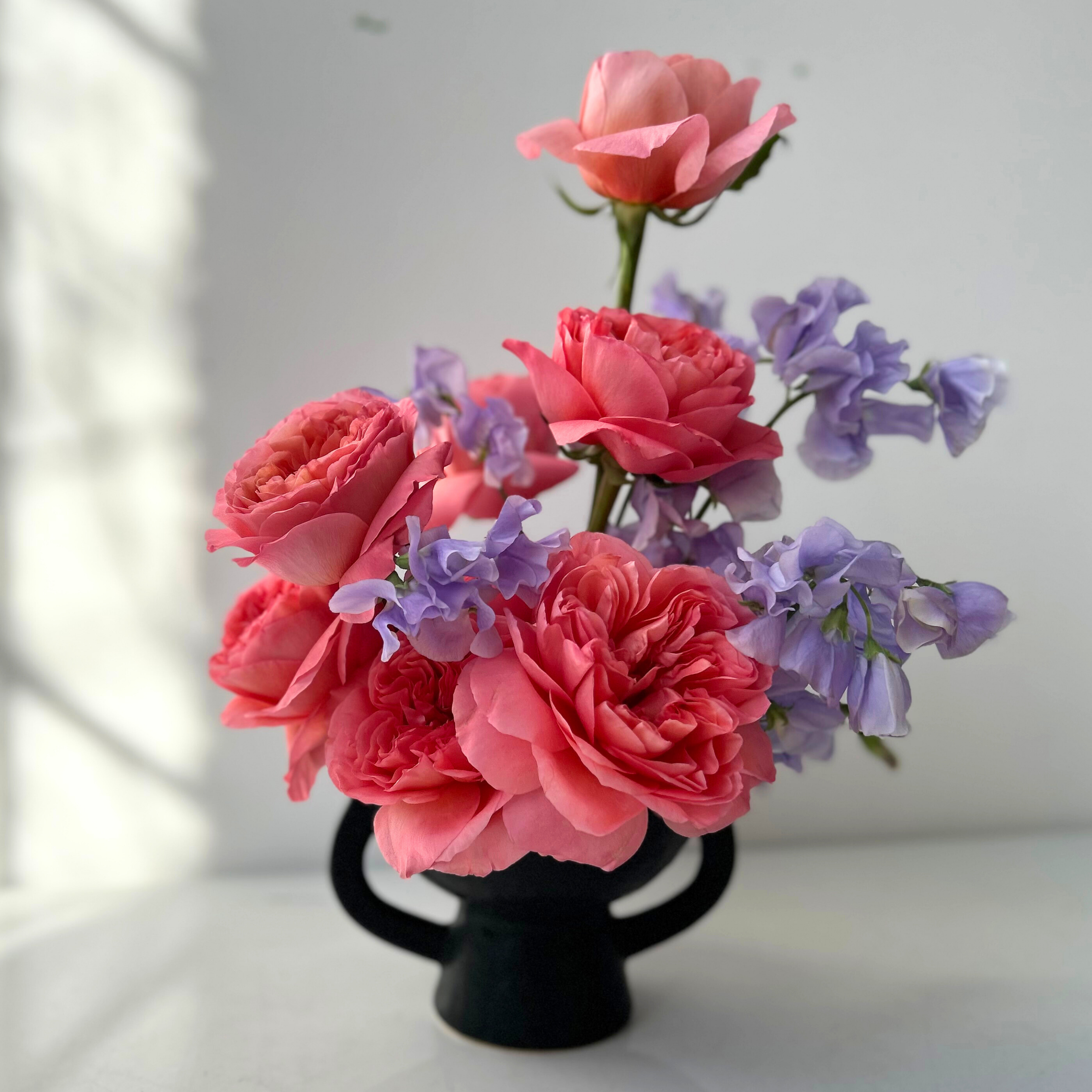 Valentine's Modern Sculptural in Black Ceramic Vase- Roses + Sweet Peas
